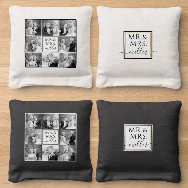 Black white Εight wedding photo collage Mr and Mrs Cornhole Bags (Wood)