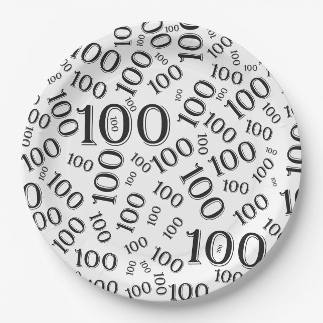 Black/White 100th Birthday Party Number Pattern Paper Plates (Front)