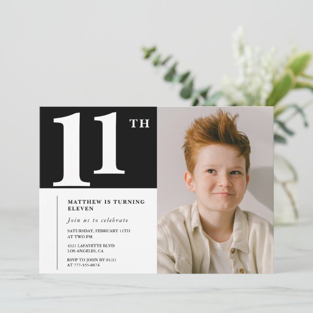 Black White 11th birthday invitation Chic Photo (Standing Front)