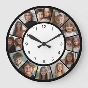 Black White 12 Photo Collage Modern Large Clock