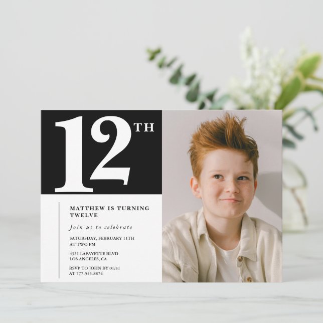 Black White 12th birthday invitation Chic Photo (Standing Front)