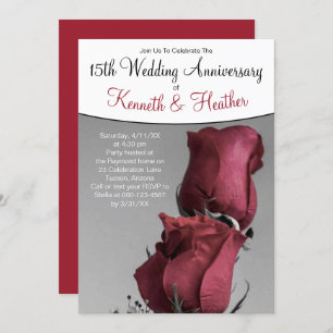 Black White 15th Wedding Anniversary Red Roses Invitation