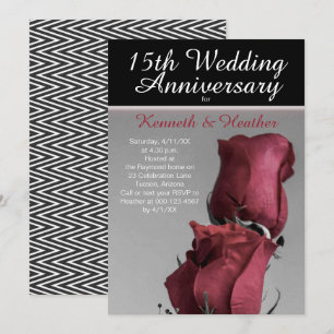 Black White 15th Wedding Anniversary Red Roses Invitation