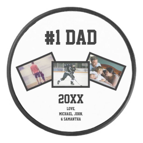 Black White 1 Dad 3 Photo Fathers Day Hockey Puck