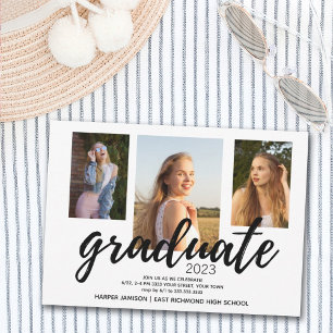 Black White 2023 Graduation Party Three Photo Invitation