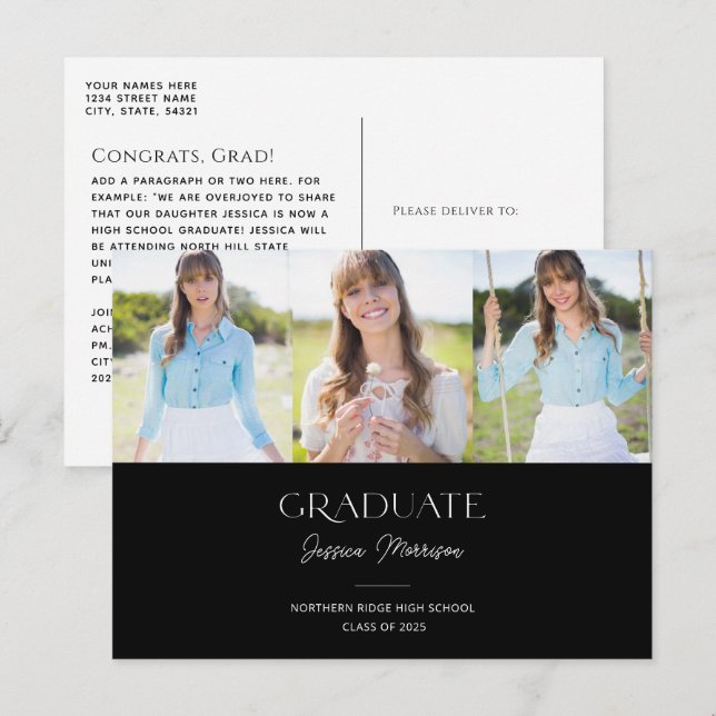 Black & White 2024 Graduate Multi Photo Graduation Postcard (Front/Back)