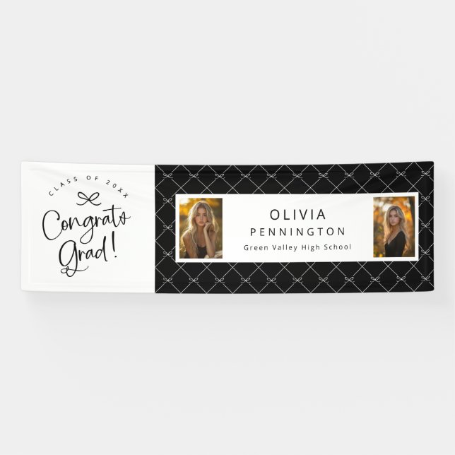 Black White 2 Photo Congrats Grad Party Banner (Horizontal)