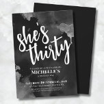 Black White 30th Birthday Invitation<br><div class="desc">Fun Girly Watercolor Black Silver and White 30th Birthday Invitation. You can change it to any birthday year! 30, 40, 50 or even for other events! Let's celebrate that she's thirty with this elegant but girly black and white or silver thirtieth birthday party invite. Featuring a black background and faux...</div>