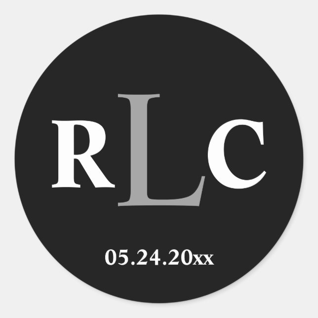 Black white 3 initial monogram label wedding favor (Front)