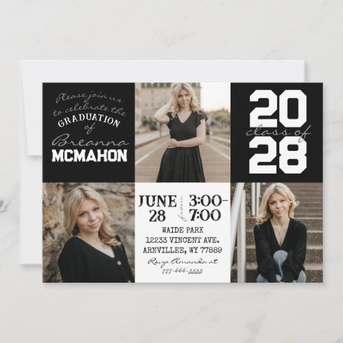 Black  White 3 Photo Graduation Invitation