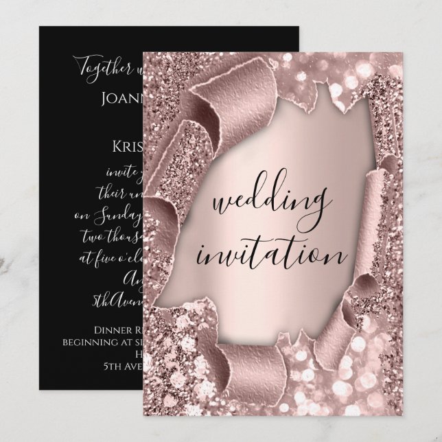 Black White 3D Rose Gold Wedding Sparkly Invitation (Front/Back)