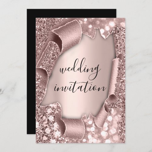 Black White 3D Rose Gold Wedding Sparkly Invitation