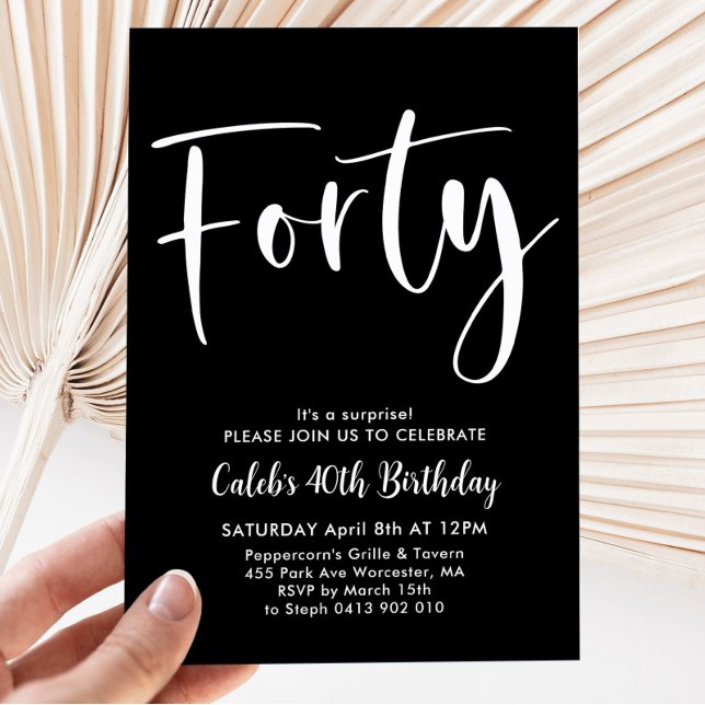 Black White 40th Birthday Mens Modern Invitation (Creator Uploaded)