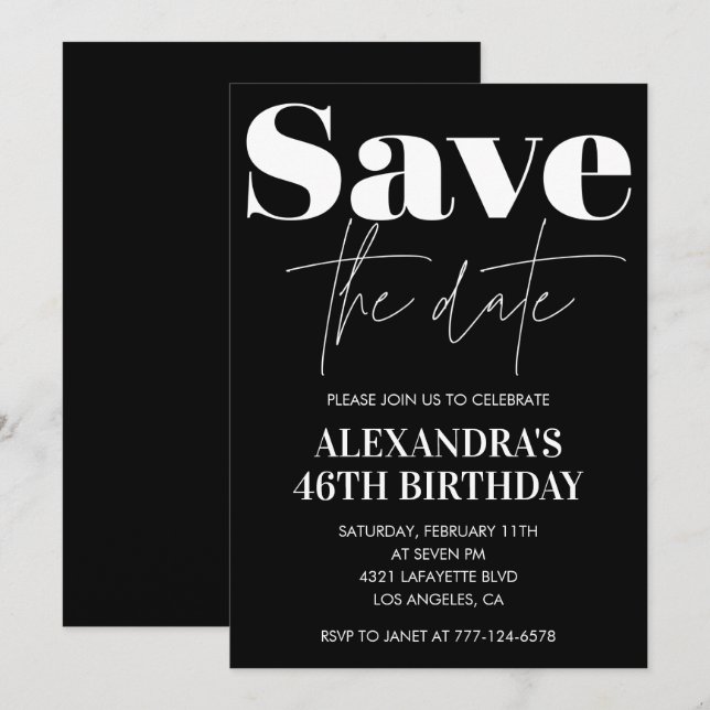 Black White 46th birthday invitation Save the date (Front/Back)