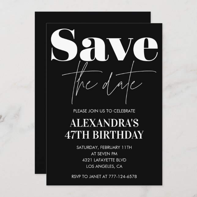 Black White 47th birthday invitation Save the date (Front/Back)