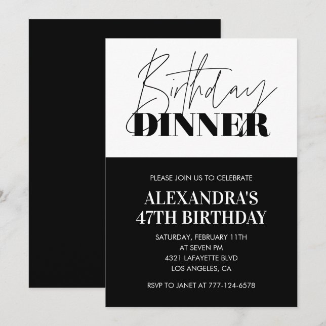 Black White 47th birthday invitations Dinner  (Front/Back)