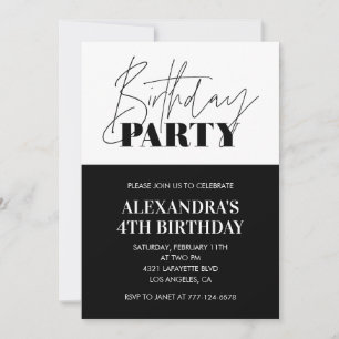 Black White 4th birthday invitations Party 