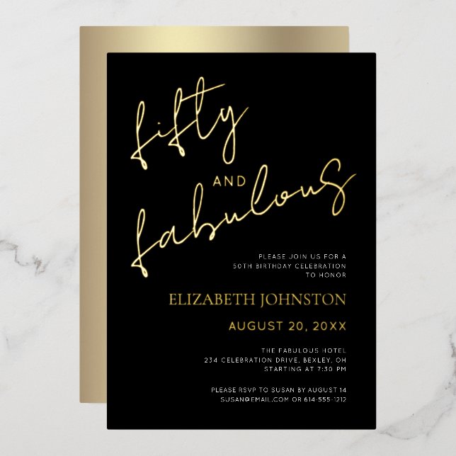Black White 50 Fabulous Birthday Script Real Gold Foil Invitation (Front/Back)