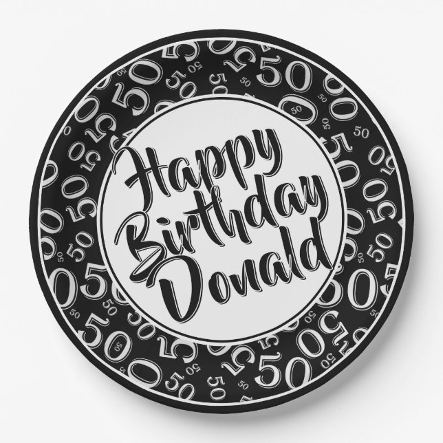 Black/White 50th Random Number Pattern Paper Plates (Front)