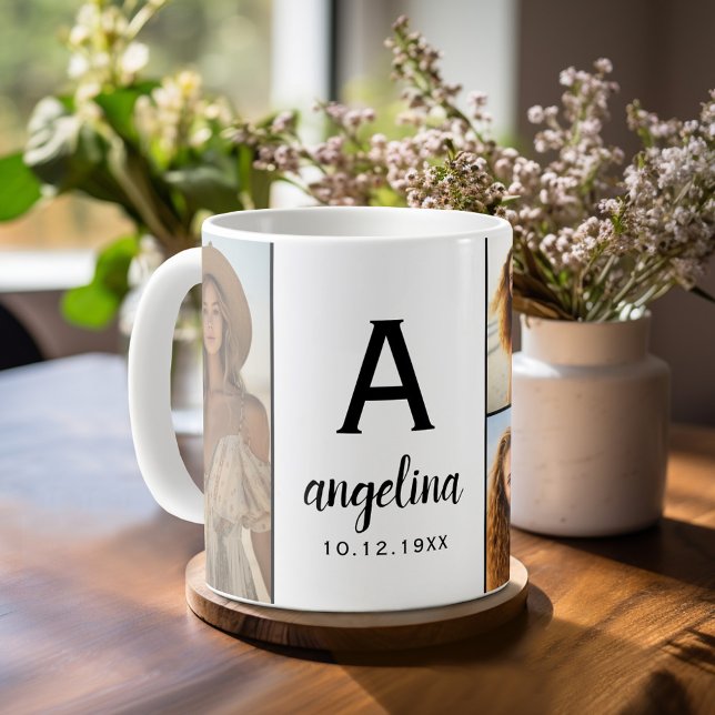Black White - 5 Photo Collage - Mod Monogram Coffee Mug (Personalized Coffee Mug)