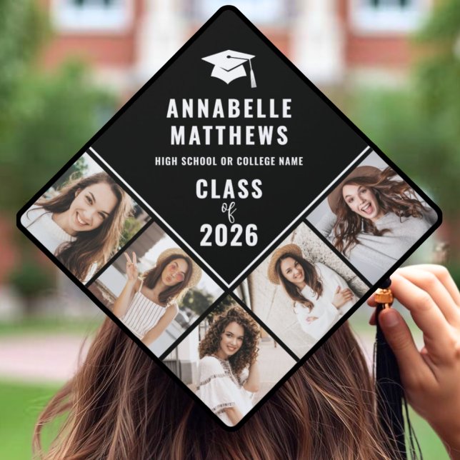 Black White 5 Photo Graduation Cap Topper (Black White 5 Photo Graduation Cap Topper)