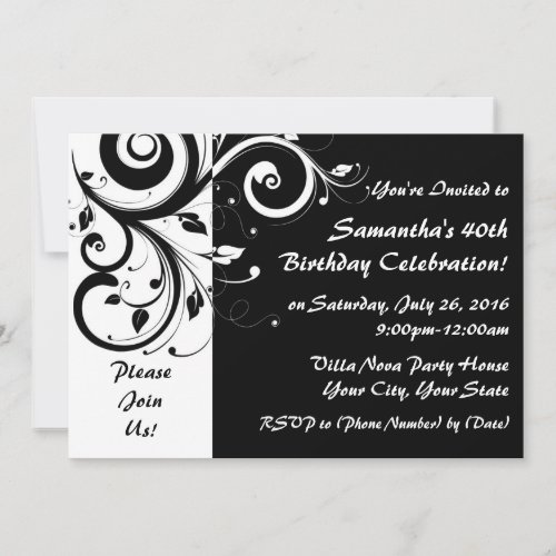 Black+White 5x7 Reverse Swirl 40 Party Invitations
