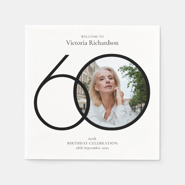 Black White 60th Birthday Minimalist Custom Photo  Napkins (Front)