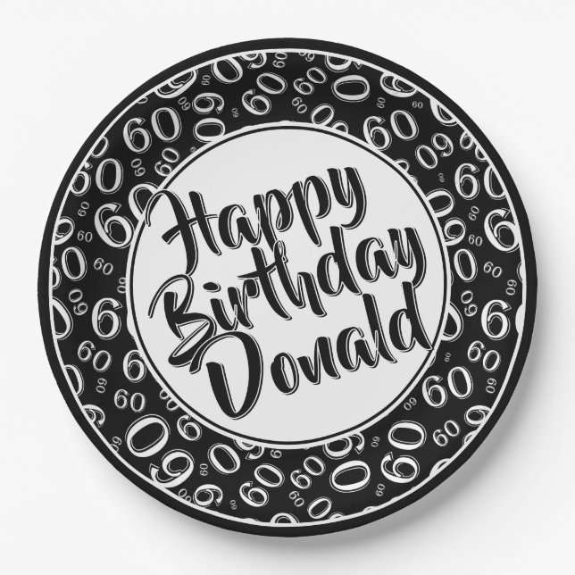 Black/White 60th Random Number Pattern Paper Plates (Front)