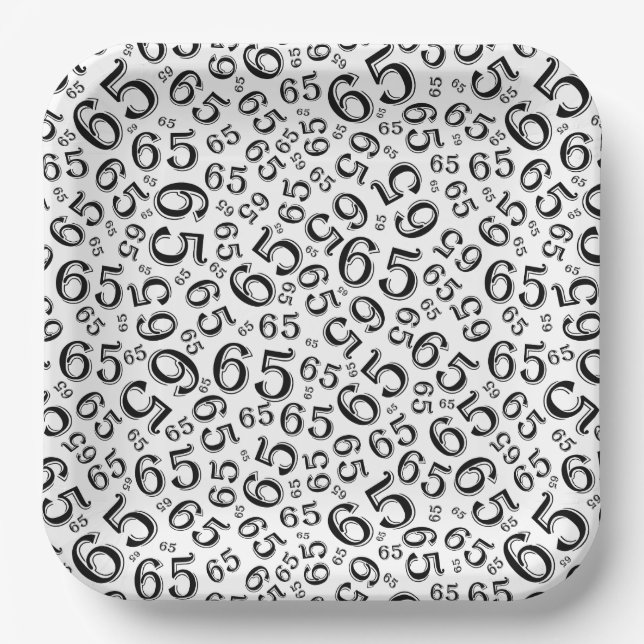  Black/White 65th Random Number Pattern Paper Plates (Front)