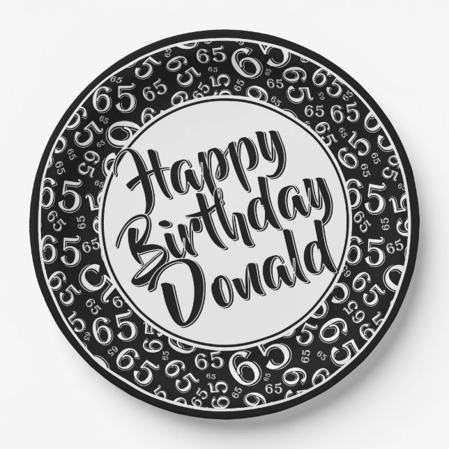 Black/White 65th Random Number Pattern Paper Plates (Front)