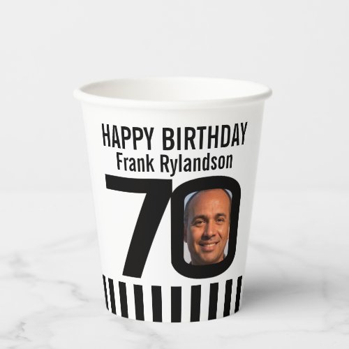 Black white 70th birthday custom photo paper cups