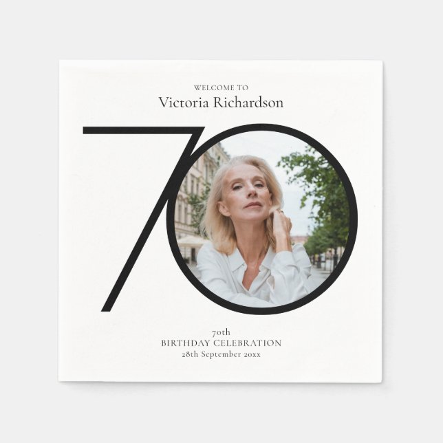 Black White 70th Birthday Minimalist Custom Photo  Napkins (Front)