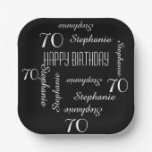 Black White 70th Birthday Party Repeat Name Square Paper Plates (Front)