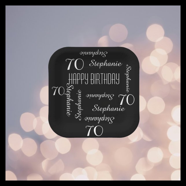 Black White 70th Birthday Party Repeat Name Square Paper Plates