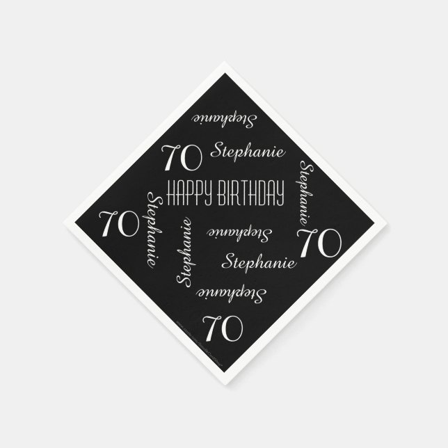 Black & White 70th Birthday Party Repeating Names Napkins (Corner)