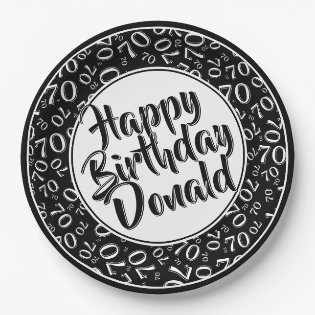 Black/White 70th Random Number Pattern Paper Plates (Front)