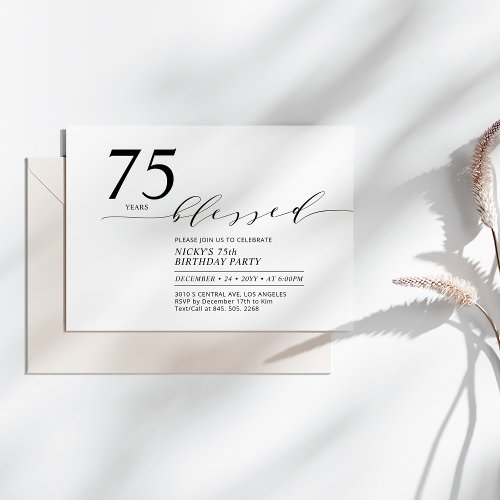Black  White 75 Years Blessed Birthday Party Invitation