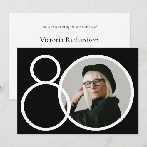 Black White 80th Birthday Stylish Minimalist Photo Invitation