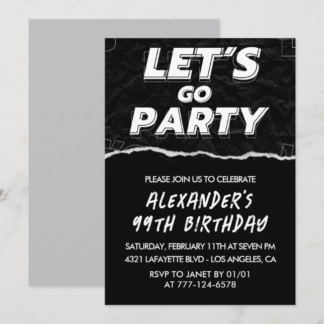 Black White 99th birthday invitations Men  (Front/Back)