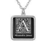 Black, White A Monogram Art Nouveau Personalized Silver Plated Necklace