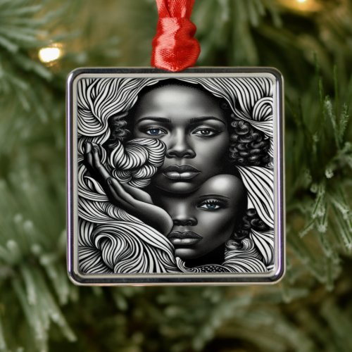 Black  White Abstract African American Women Metal Ornament