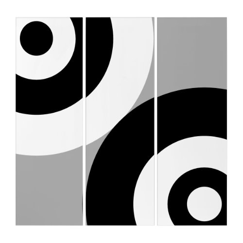 Black  White Abstract Circles on Gray Triptych