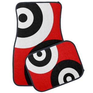 Black & White Abstract Circles on Red Car Floor Mat
