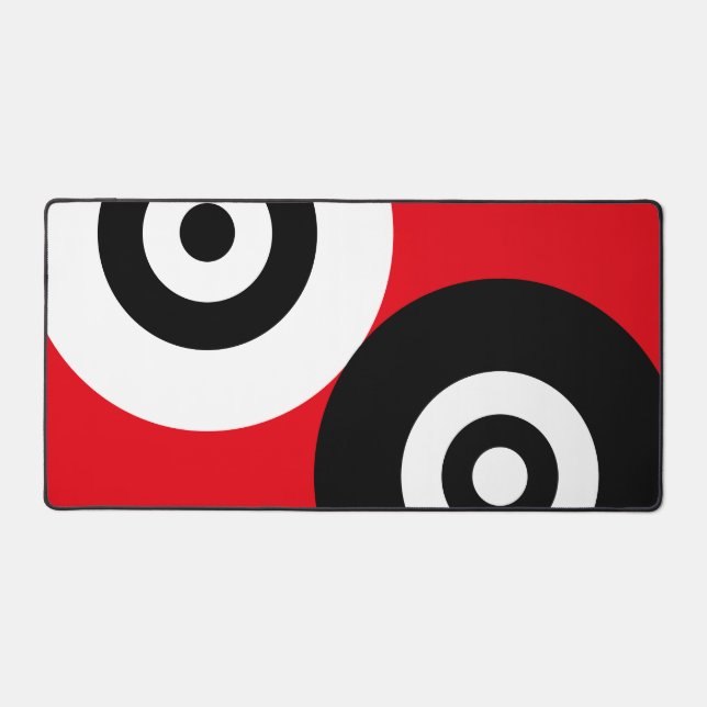 Black & White Abstract Circles on Red Desk Mat (Front)