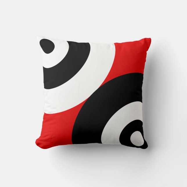 Black & White Abstract Circles on Red Throw Pillow (Front)