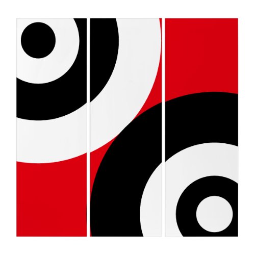 Black  White Abstract Circles on Red Triptych