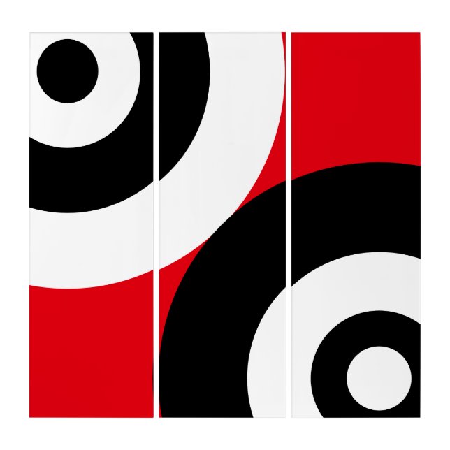 Black & White Abstract Circles on Red Triptych (Front)