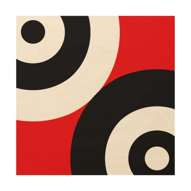 Black & White Abstract Circles on Red Wood Wall Art (Front)