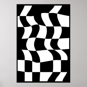 Black & White Abstract Distorted Checker Poster