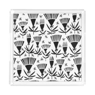 Black White Abstract Flowers: Elegant Pattern Acrylic Tray